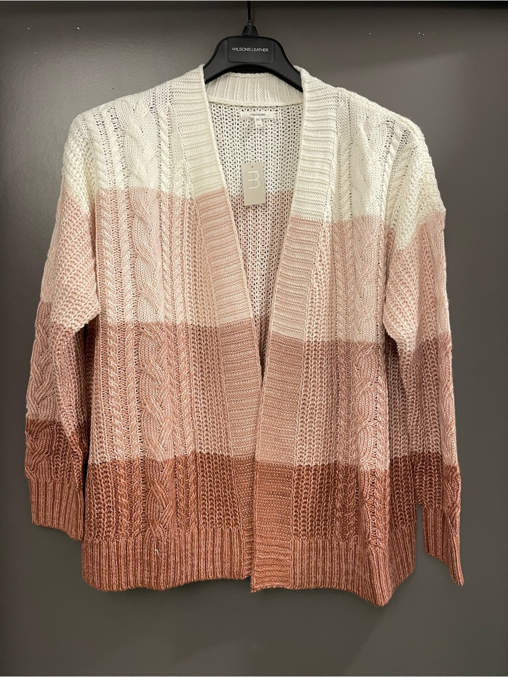 Maurices Ombré Cable-Knit Open Cardigan in White, Light Pink & Brown